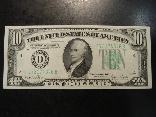 1934D $10 Federal Reserve Note Green Seal Serial D Cleveland Crisp AU-Unc