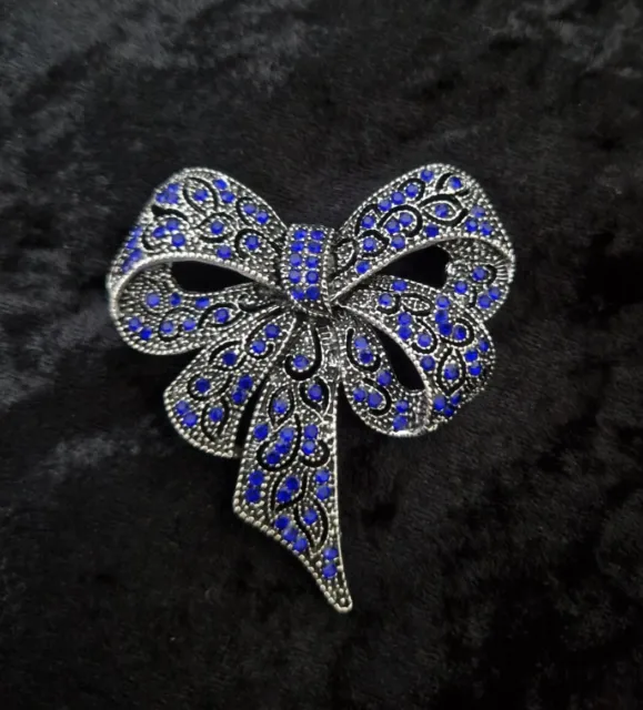 Large Blue Colour Rhinestone Bow Brooch Vintage Inspired