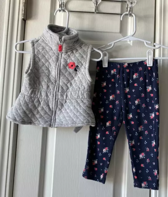 Girls Carters 2 Pc. Outfit Quilted Sleeveless Vest Matching Floral Pant Size 12M
