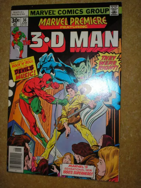 MARVEL PREMIERE # 36 3-D MAN 1950s SUPERHERO KANE 30c 1977 BRONZE AGE COMIC BOOK