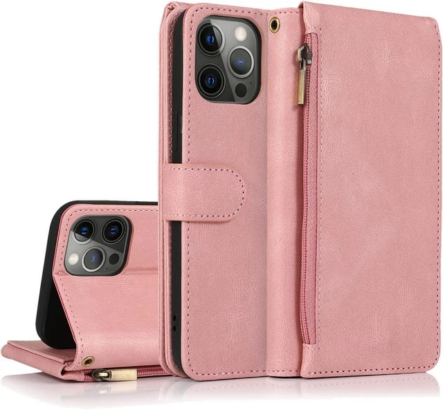 Wallet Case 8 Card Slots & 1 Zipper Coin Purse Flip Cover for iPhone 11 Pro-Pink