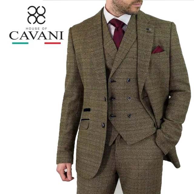 Mens Cavani Check Tweed Peaky Blinders Blazer Wasitcoat Trousers 3 Piece Suit