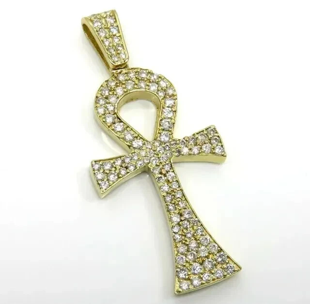 1.80Ct Rund Schliff Echter Moissanit Ankh Kreuz Anhänger IN 14K Gelb Vergoldet