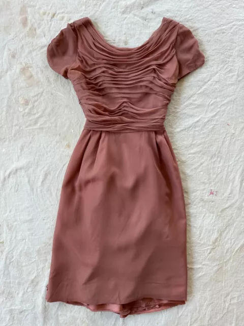 Vintage 1950s Brown Chiffon Gathered Wiggle Pencil Midcentury Cocktail Dress