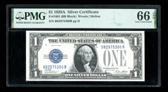 DBR 1928-A $1 Silver Funnyback Gem Fr. 1601 BB Block PMG 66 EPQ Ser # B82975300B