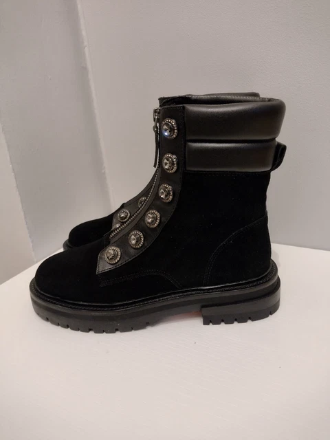 KURT GEIGER LONDON Bobby Black Combat Suede Boots Rhinestone Size