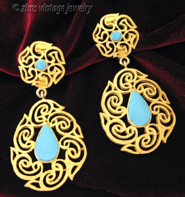 Vintage Turquoise blue enamel Gold tone scroll filigree Long dangle EARRINGS