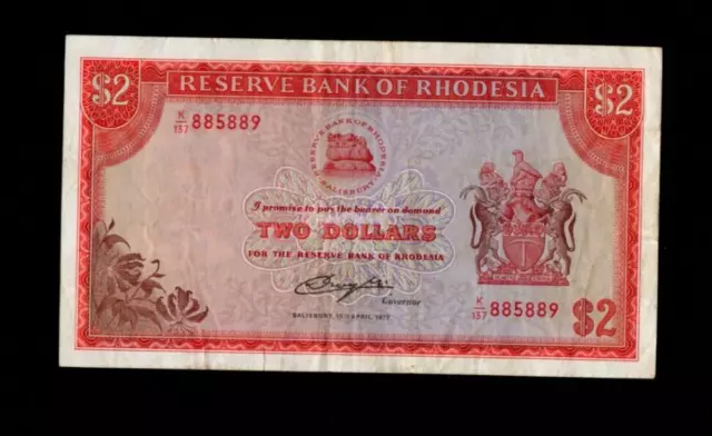 Reserve Bank Of Rhodesia 2 Dollars 1977 Banknote Very Fine/Ref D2