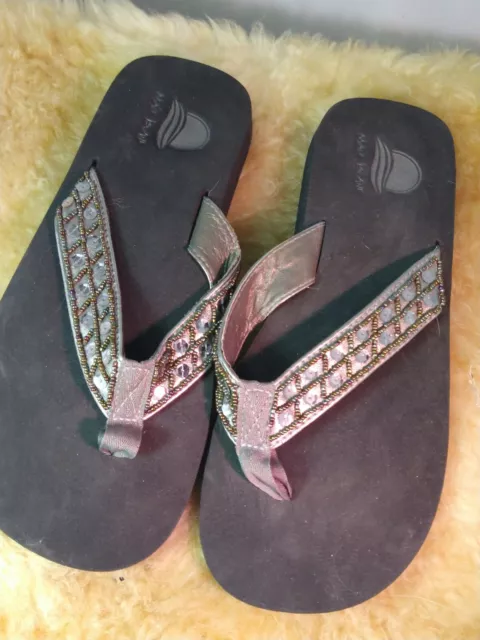 MAUI ISLAND FLIP FLOP BEADED BLACK BROWN THONG SANDALS SHOES WOMAN Size 9 M
