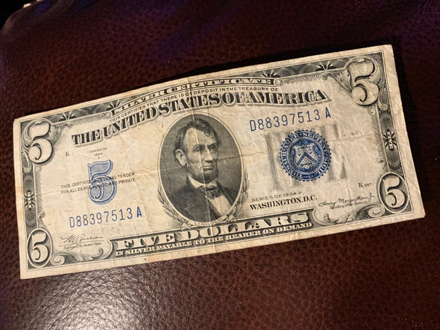 1934 A Five Dollar Silver Certificate $5 Bill Blue Seal Note Circulated