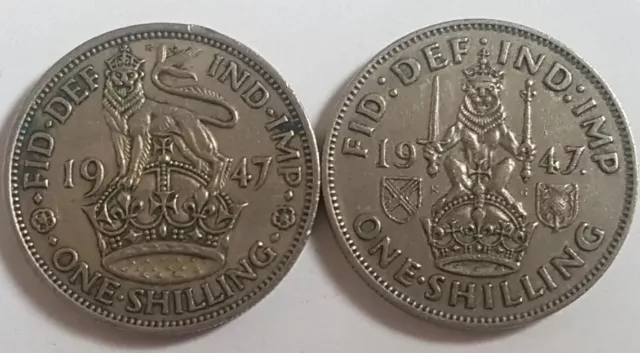 Two 2 x 1947 UK George VI One Shilling with English and Scottish crest
