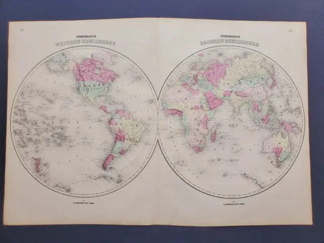 1864 Johnson Atlas Map World in Hemispheres Rare Antique