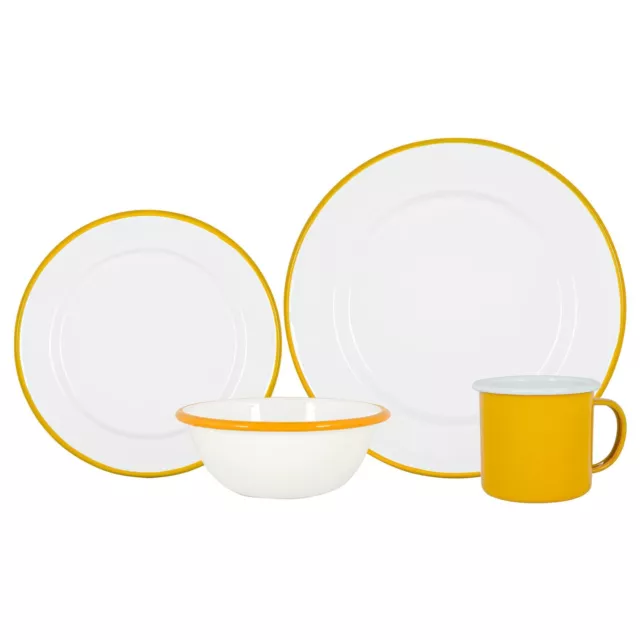 16 Piece White Enamel Dinner Set Metal Camping Plates Bowls Mugs for 4 Yellow