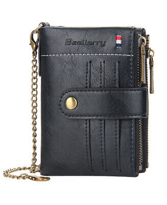 Men Men's Leather Wallet Chain C1 Sim ID Credit Card Holder Double Zipper Coin