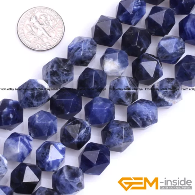 Natural Blue Sodalite Stone Polygonal Faceted Round Beads For Jewelry Making 15"