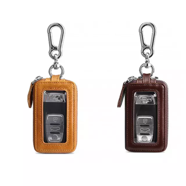 Double Layers Genuine Leather Car Key Holder Case Keychain Bag Zipper Pouch