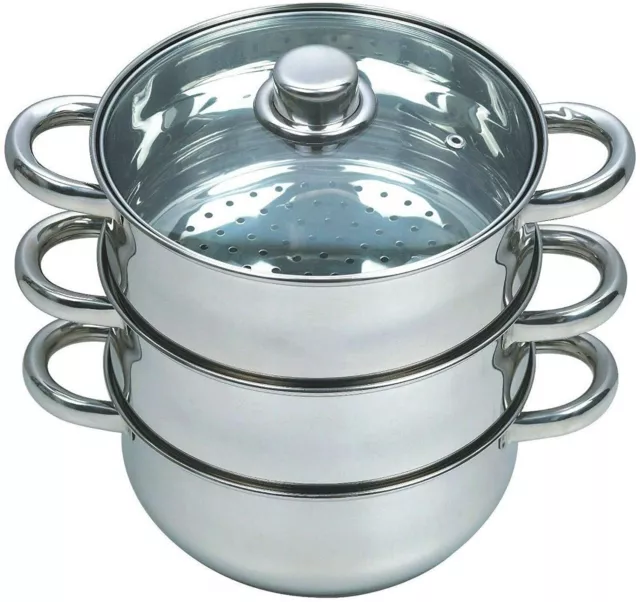 3 Tier 22cm Stainless Steel Steamer Set Glass Lids Cooker Pot Set Pan Cook Food