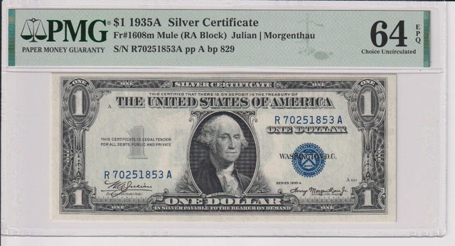 Fr 1608m 1935A MULE $1 SC R70251853A PMG 64EPQ GEM CU 1935-A