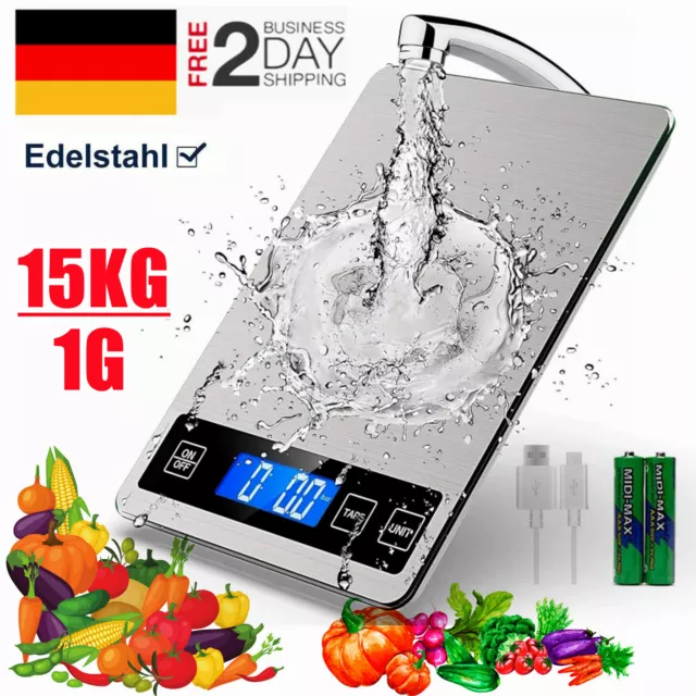 Küchenwaage Digital Edelstahl LCD Anzeige 15kg/1g Messung elektronische Waage DE