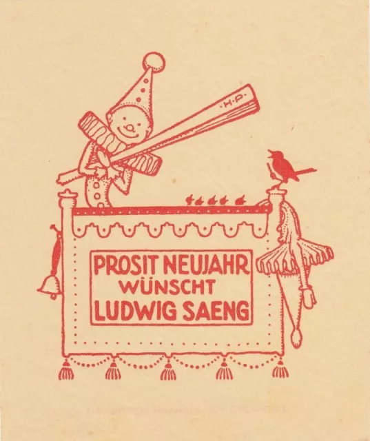 Neujahrsgruss Cliché Hermann Pfeiffer 1883-1964 Clown Oiseaux