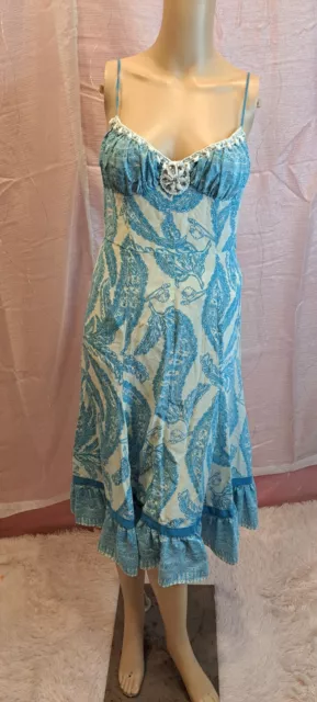 Tracy Reese Womens Blue Silk Spaghetti Strap Floral Flared Zip Midi Dress Size 4