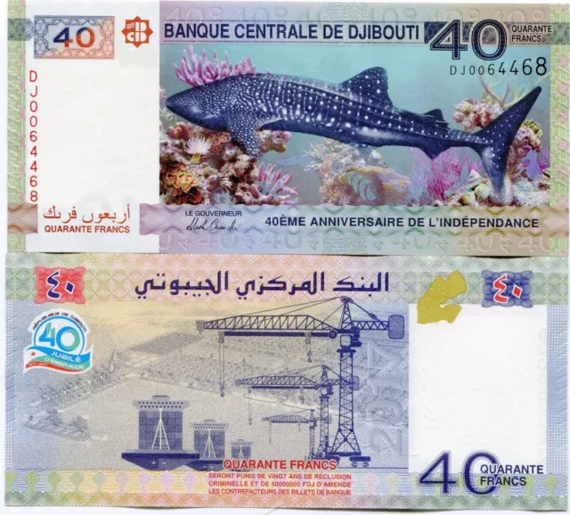 Djibouti 2017 Commémoratif de l'Indépendance 40 Francs UNC Billet Requin x...