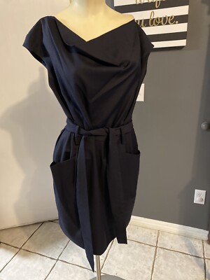 DK2 Paul & Joe Sister Navy Blue Shift Dress 40 Unique Neckline Wool Blend