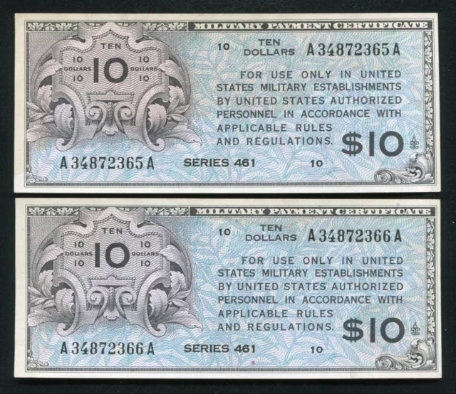 (2) Consecutive Series 461 $10 Mpc Military Payment Certificates Uncirculated