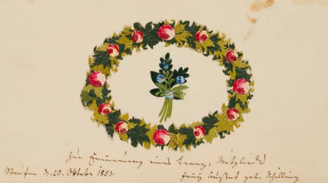 Unbekannt (19.Jhd), Freundschaftskarte mit Blumenkranz,  1853, Glückwunschbillet