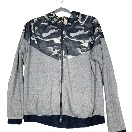 Nike Boys Gray Black Camouflage Hooded Full Zip Up Sweatshirt Hoodie Size Large