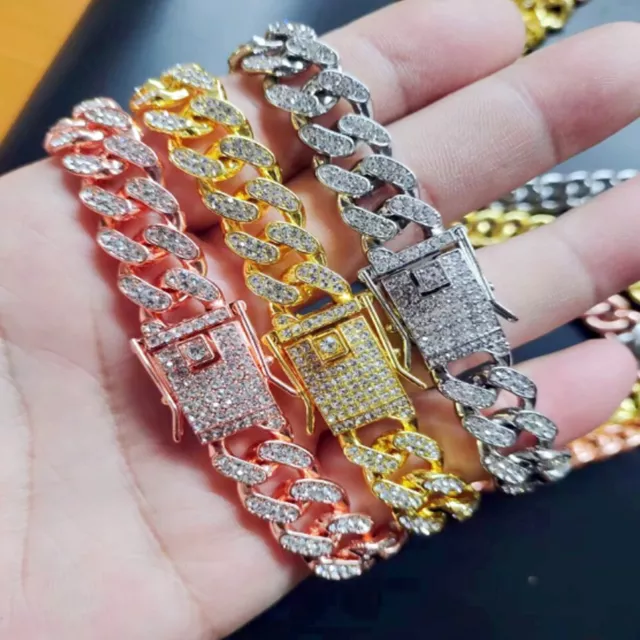 Hip Hop Rhinestone Bling Iced Out Pave Men's Bracelet Cuban Link Chain Bracelet