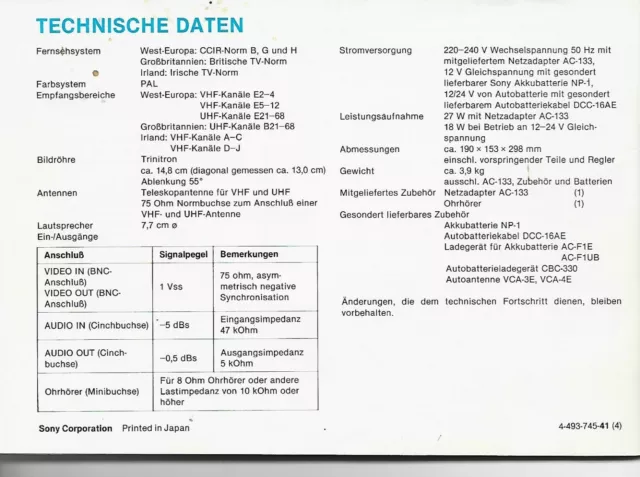 Bedienungsanleitung SONY Triniton KV-6000BE TV Receiver 12V/24V, 1982 2