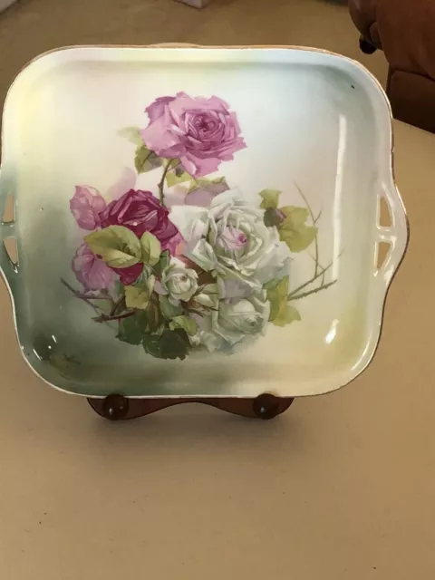 VTG CT ALTWASSER SILESIA GERMANY HAND PAINTED SQUARE HANDLED CAKE PLATE 9”x 9”