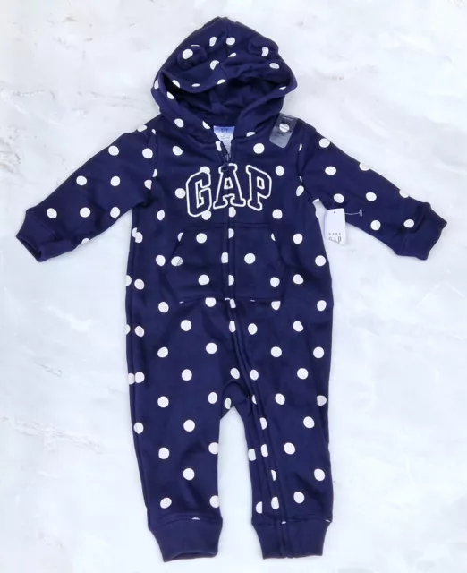 GAP Baby Mädchen Langarm Reißverschluss marineblau fleckig Baby Grow & Kapuzenstrampler MRRP £29 2