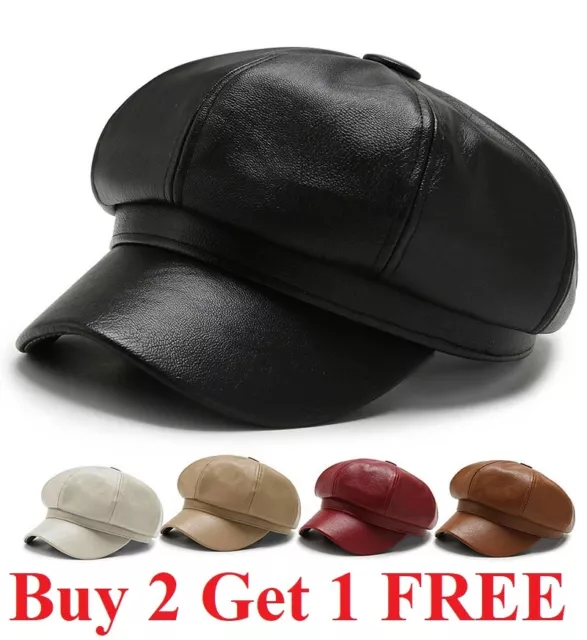 Beret Cap Winter Hat Faux Leather Octagonal Leather News Boy hat Warm Female'