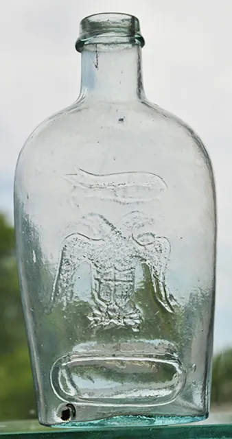 American Double Eagle Embossed half-pint Flask, aqua