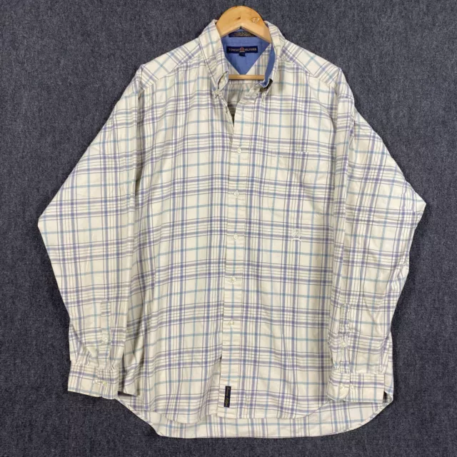 Tommy Hilfiger Mens Long Sleeve Button Down Shirt XL Plaid Cream Blue Crest