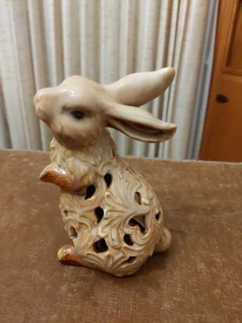 Ceramic Standing Bunny Rabbit Luminary Brown Tea-Light Candle Porcelain 6”