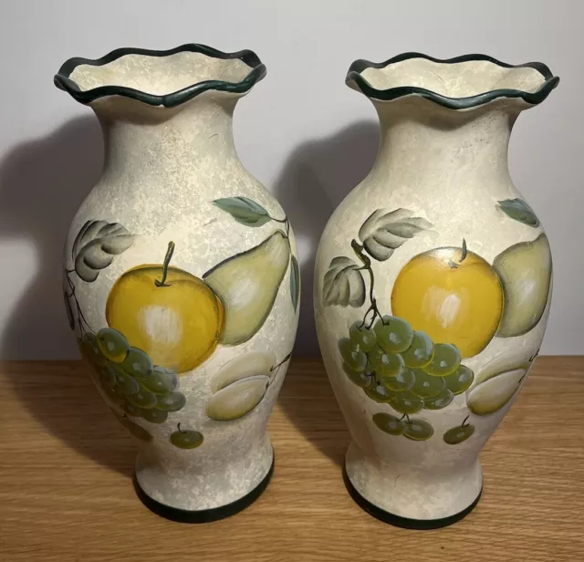 Pair Matching Rustic Hand Painted 10.5 inch Earthenware Vases Fruit Design 2