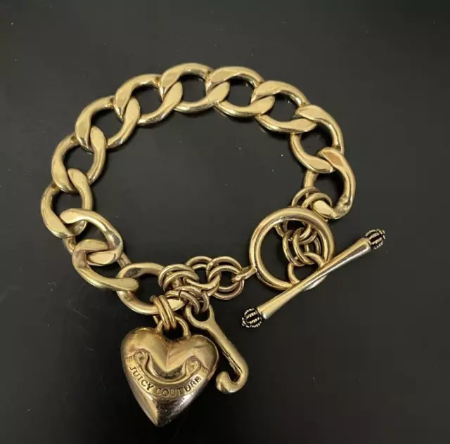 Juicy Couture Gold Tone Puffy Heart & J Toggle Charm Bracelet 7.5"L