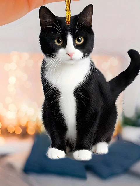 BLACK AND WHITE Tuxedo Cat Ornament With 2D Acrylic Cat Pendant, Double ...