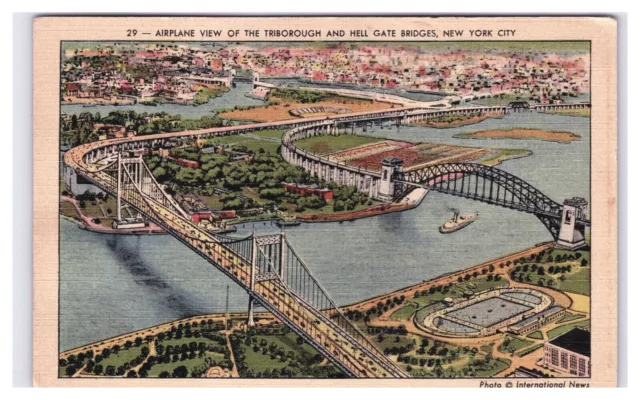 Postcard 1939 NY Aerial Scenic View Triborough Hell Gate Bridges River New York