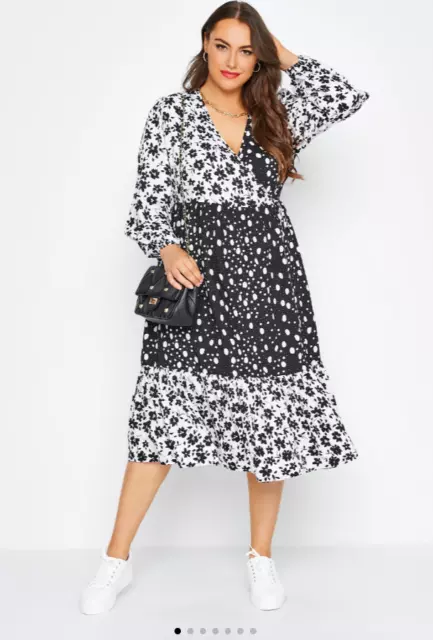 New Yours Curve Womens Size 16 Black & White Patterned Summer Midi Wrap Dress