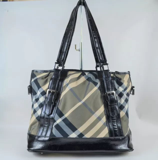 Burberry Gray Black Nylon & Patent Leather Tote Shoulder Bag Hand Bag Purse Good