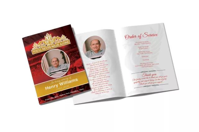 LFC Red LIVERPOOL Themed Funeral Order Of Service Personalised A5 Premium Card