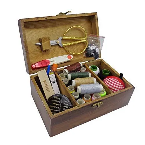 iTun Wooden Sewing Basket with Sewing Kit Accessories Vintage Organizer Box D...