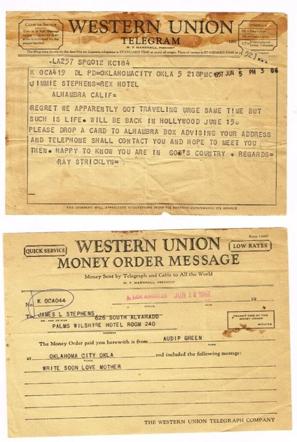 Western Union Telegraph Love Rex Hotel OKC Palms Wilshire Hotel 2 Telegrams 1957
