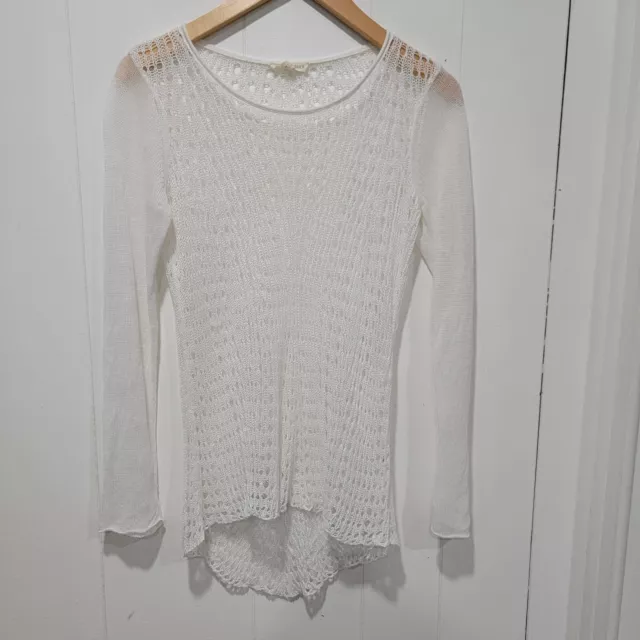 Eileen Fisher 100% Organic Linen Sweater Crochet Open Knit White Size Small
