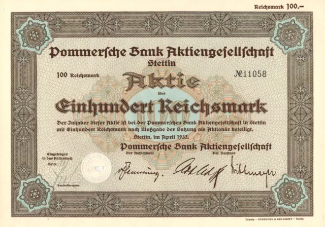 Pommersche Bank AG Stettin 1933 - Aktie 100 Reichsmark - Stettin 04/1933 -
