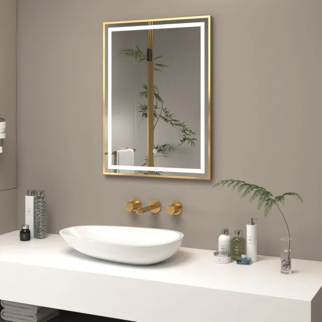 Bathroom Mirror Rectangle Brass Framed Wall Mount LED Illuminated Anti-Fog